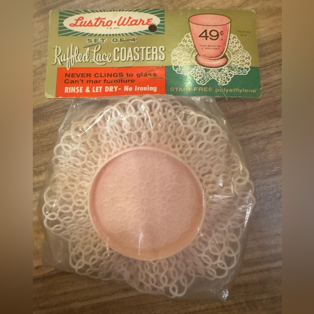 Lustro-Ware Pink Ruffled Lace Coasters Set NIP